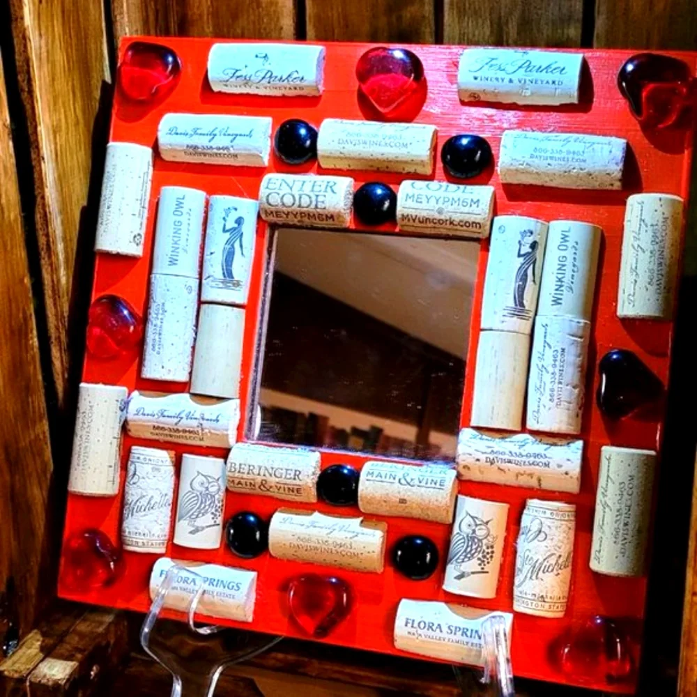 Red Heart and Red Glass Cabochons Mirror Decor with Wine Cork-NWT-Handmade